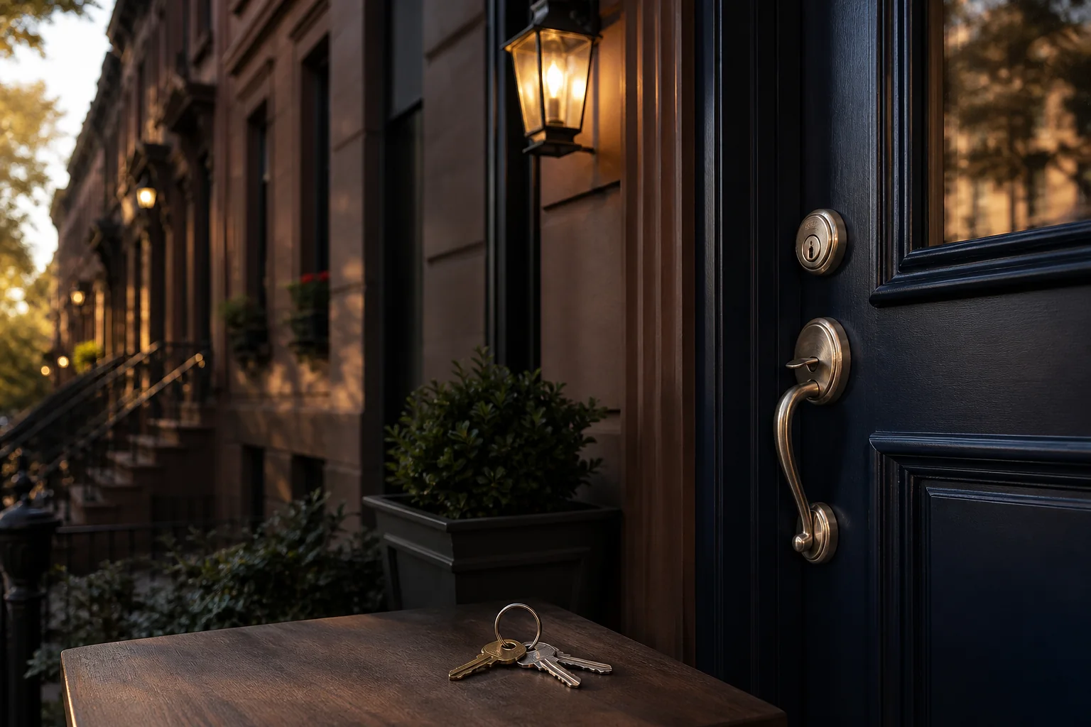 Secure brownstone front door in Brooklyn with modern deadbolt