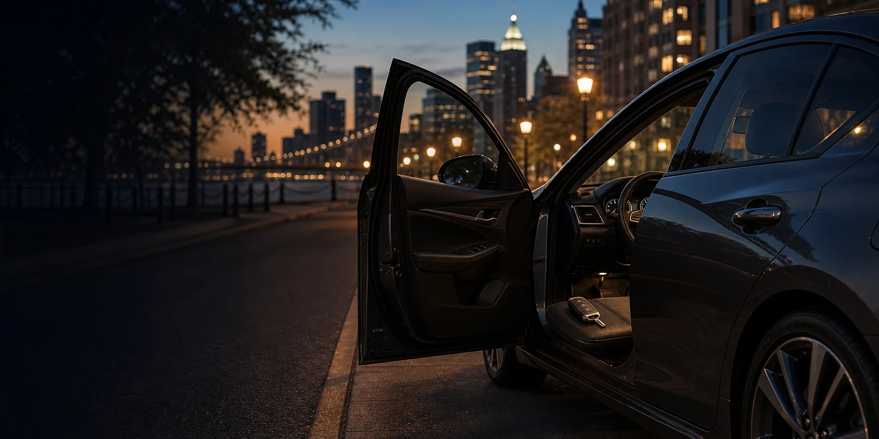 Car with open door and key fob for automotive locksmith service